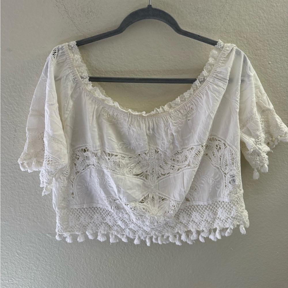 PLACE NATIONALE White Off The Shoulder Eyelet Top Lace Size 1 Bohemian